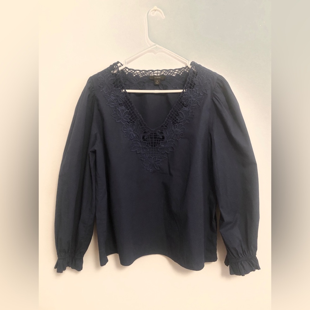 J Crew Long Sleeve Boho Navy Blue Embroidered Cotton Top Size M Ruffle Cuffs